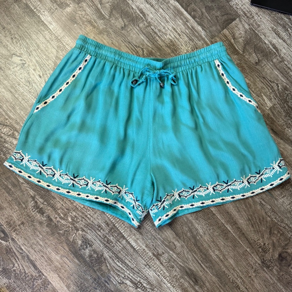 Anthropologie HEI HEI Embroidered Isle Shorts Turquoise ,‎ Size M
